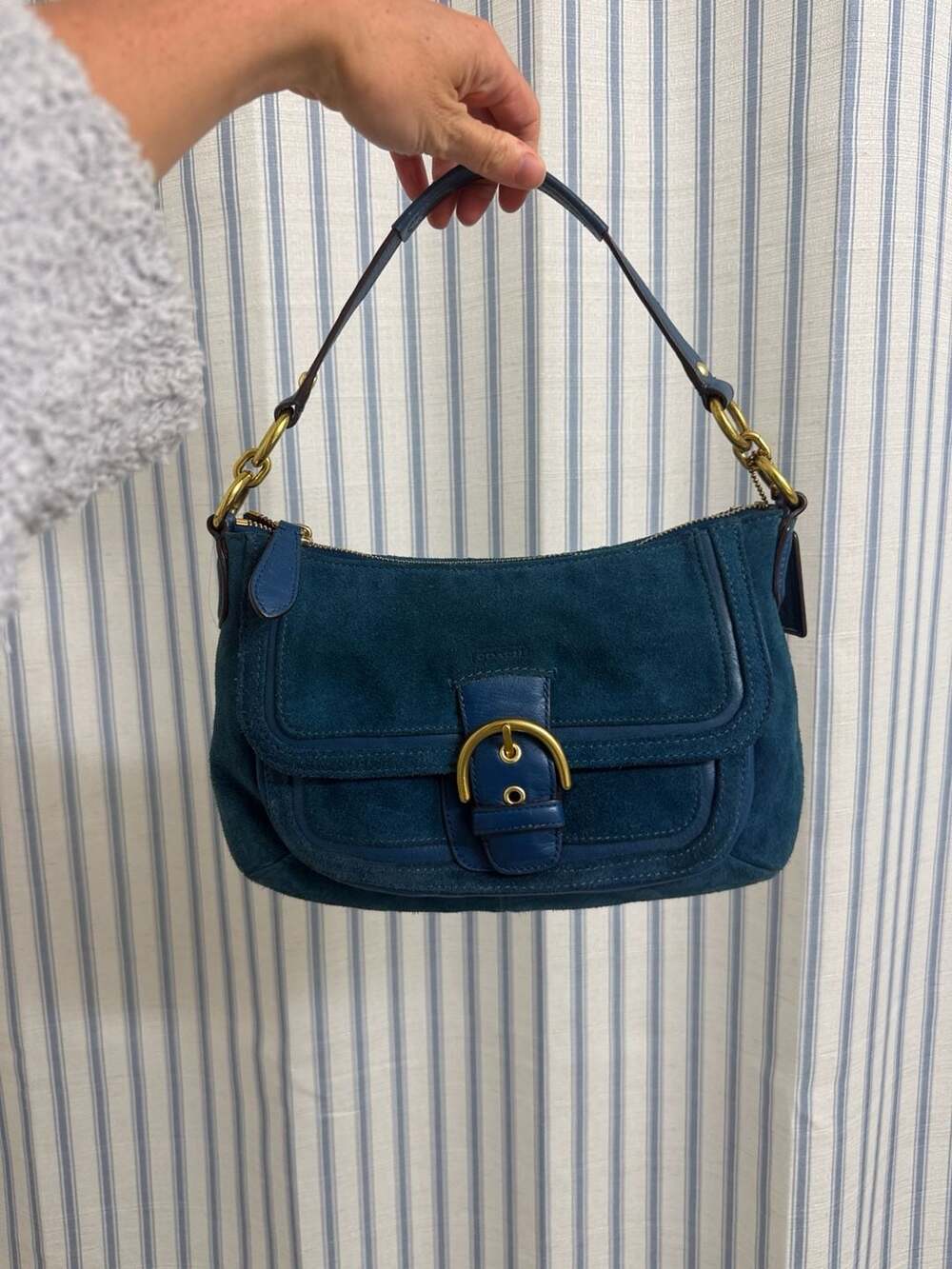 Coach Hamptons Buckle Suede Shoulder Bag Blue